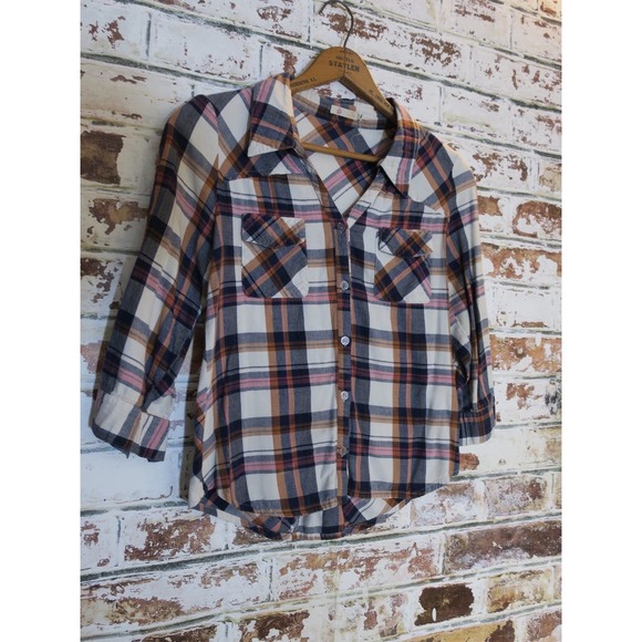 Tulle Pure Cotton Button Back Detail Slight Crop Plaid Button Down Blouse - Picture 4 of 8